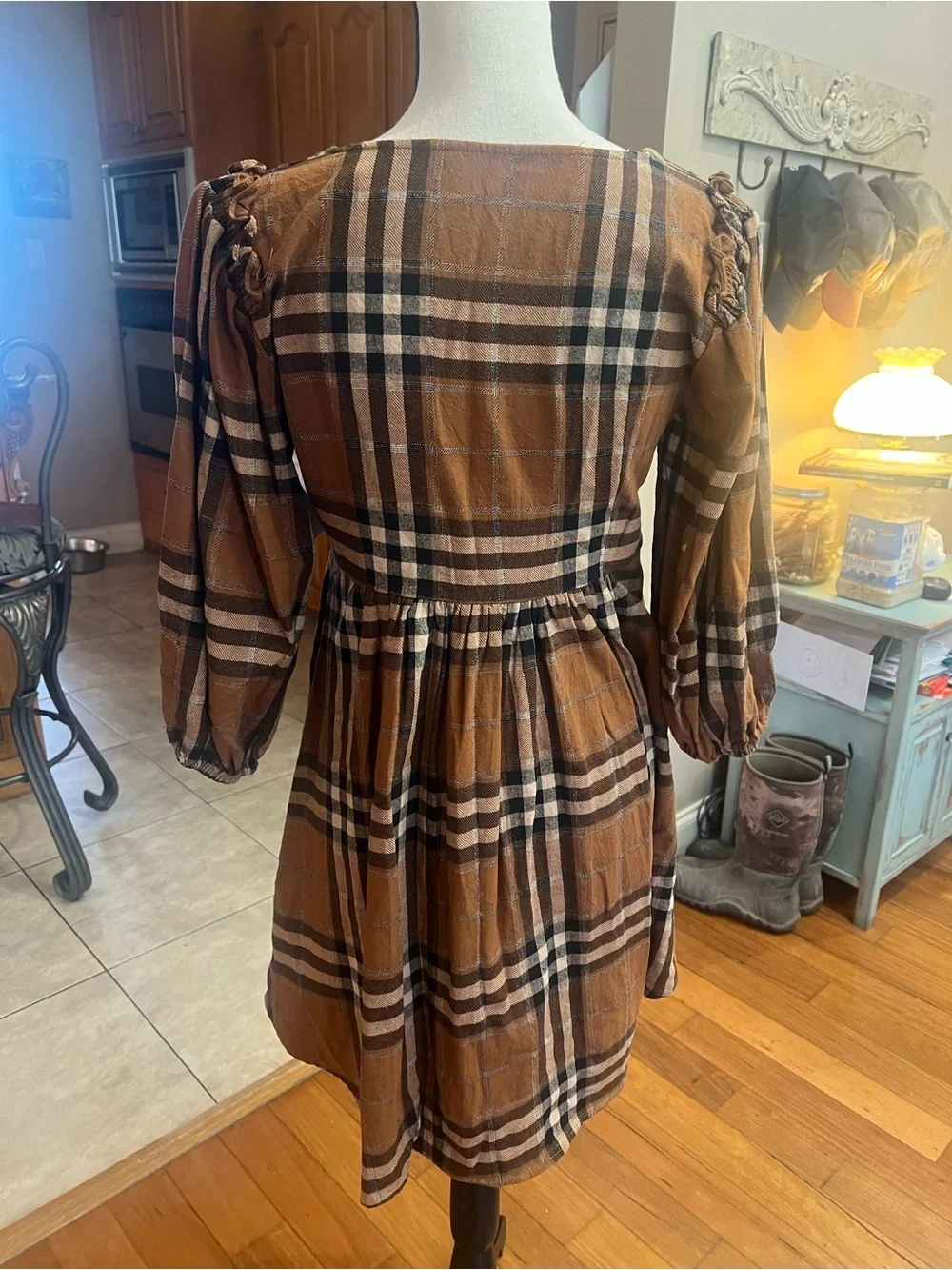 Plaid V-Neck Babydoll Mini Dress in Tan - Picture 5 of 7